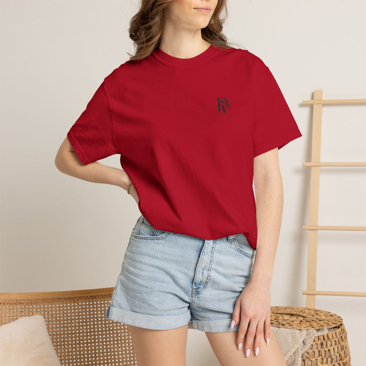 Poetic Vessel Embroidery-Minimal 'RV' Logo Garment-Dyed T-Shirt — Rust Chest Emblem