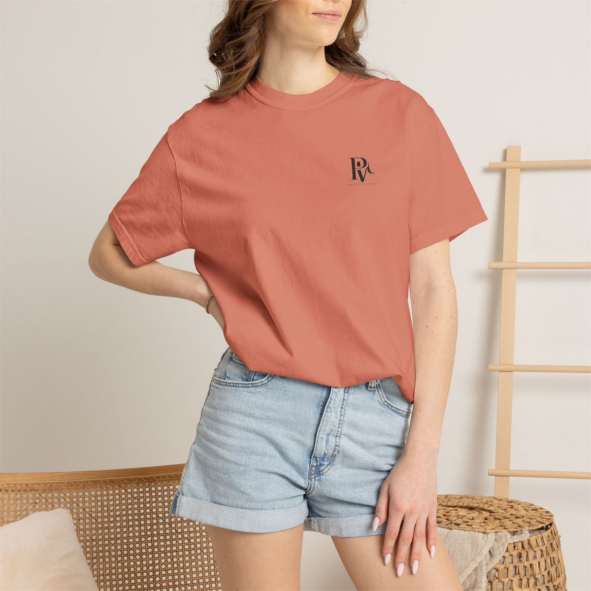 Poetic Vessel Embroidery-Minimal 'RV' Logo Garment-Dyed T-Shirt — Rust Chest Emblem