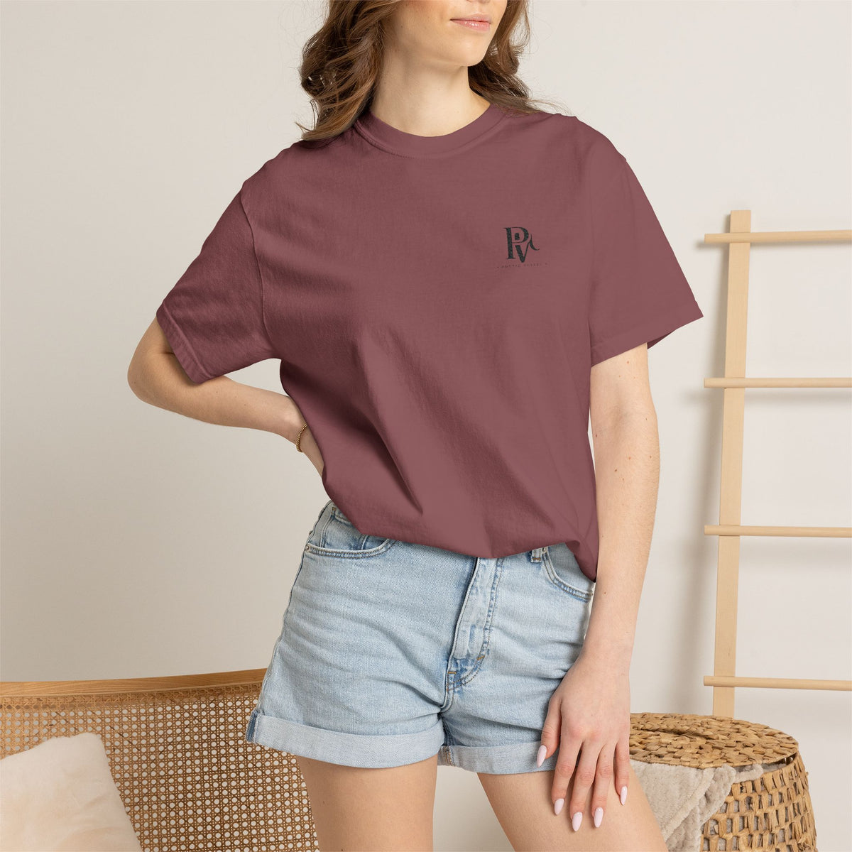 Poetic Vessel Embroidery-Minimal 'RV' Logo Garment-Dyed T-Shirt — Rust Chest Emblem
