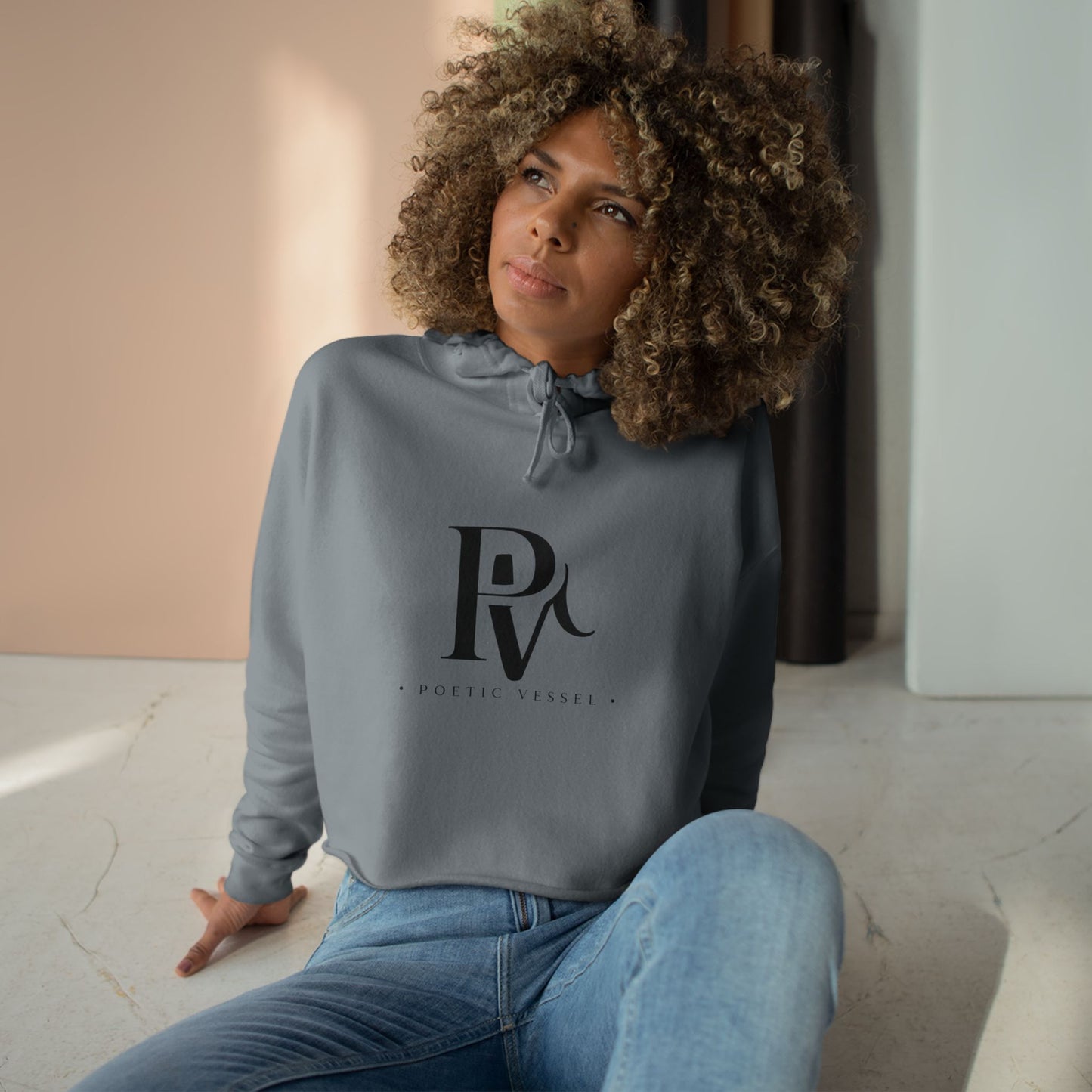 POETIC VESSEL-Cropped Hoodie — Minimal 'RV' Monogram Logo Crop Hoodie