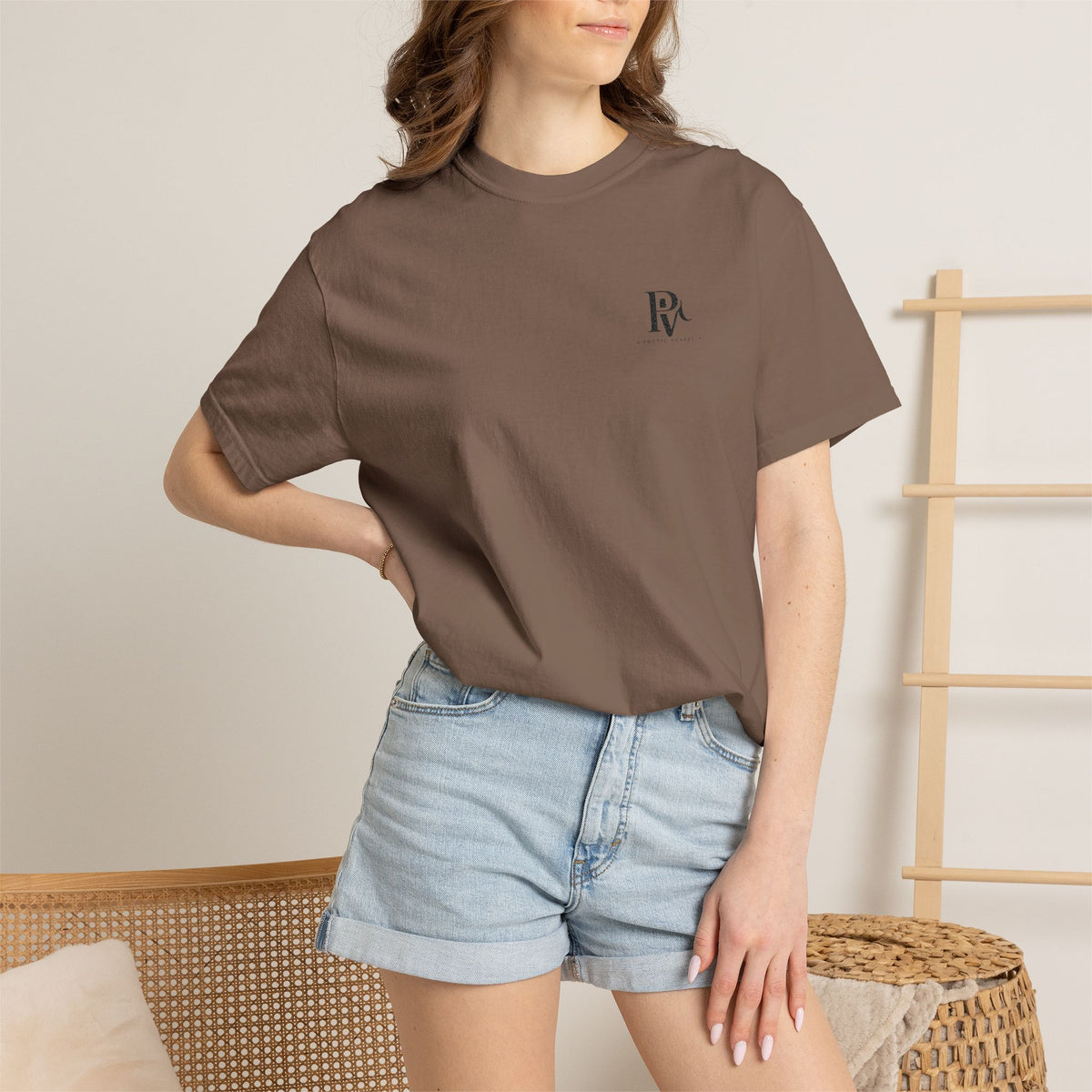 Poetic Vessel Embroidery-Minimal 'RV' Logo Garment-Dyed T-Shirt — Rust Chest Emblem