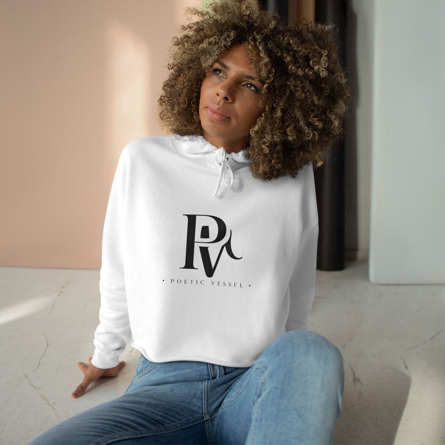 POETIC VESSEL-Cropped Hoodie — Minimal 'RV' Monogram Logo Crop Hoodie
