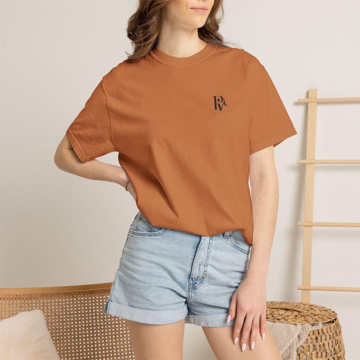 Poetic Vessel Embroidery-Minimal 'RV' Logo Garment-Dyed T-Shirt — Rust Chest Emblem